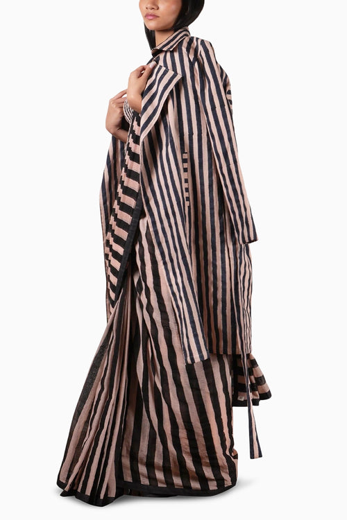 Pink With Charcoal Block Printed Smocked Bodysuit with Saree and Trench Jacket Set