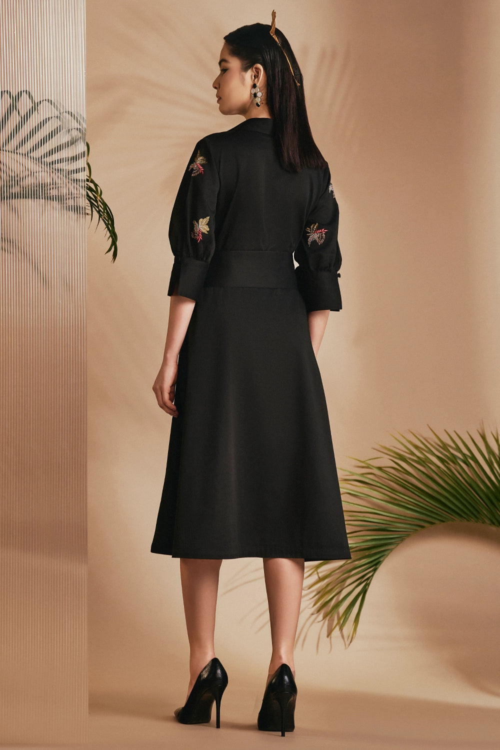 Black Tropical A-Line Flare Dress