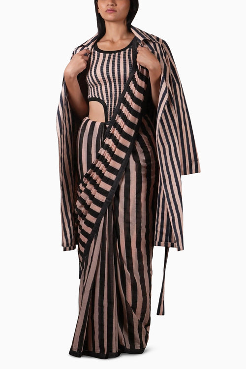 Pink With Charcoal Block Printed Smocked Bodysuit with Saree and Trench Jacket Set