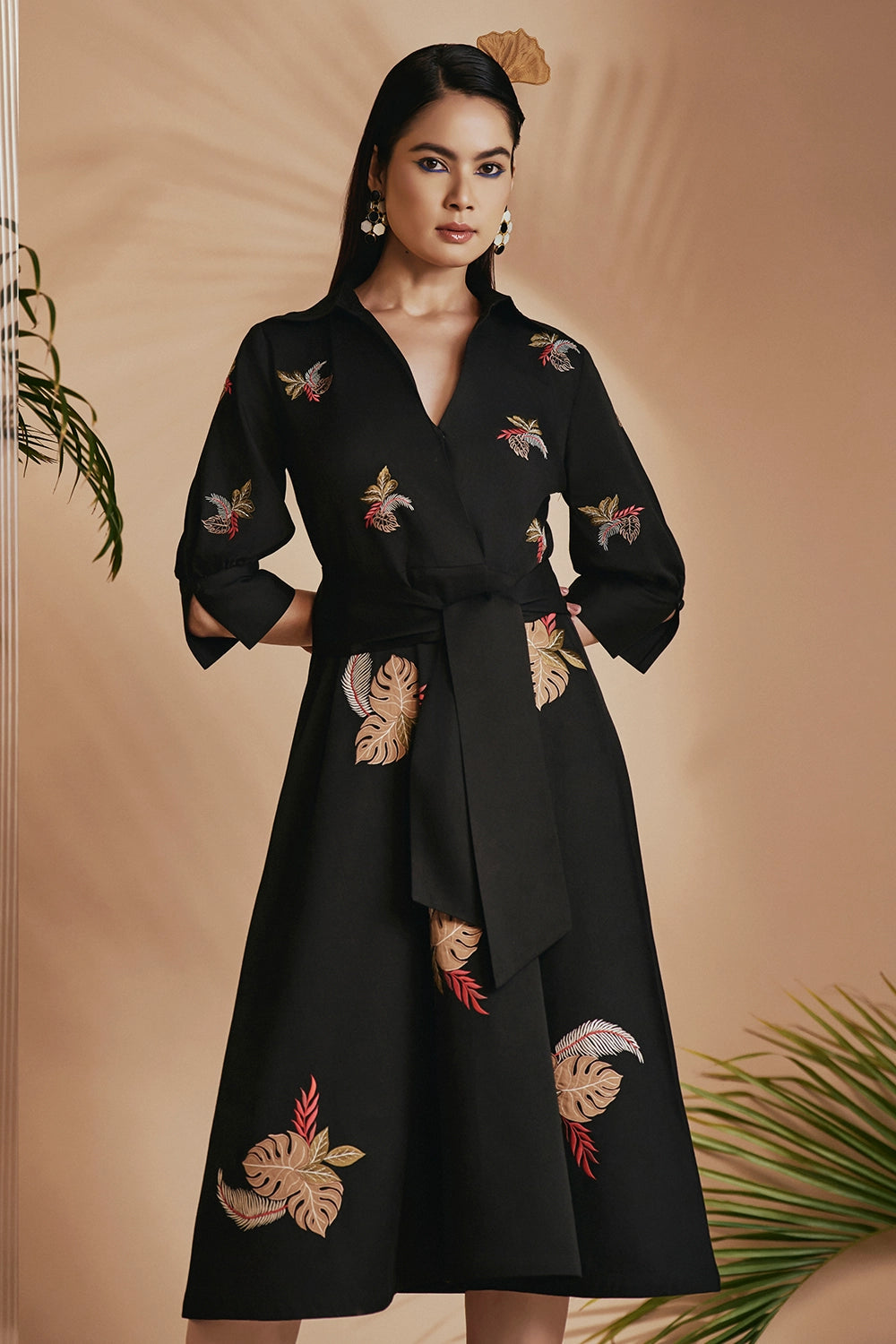 Black Tropical A-Line Flare Dress