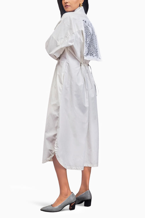 White Oversized Dress With Ruched Detailing On The Waist