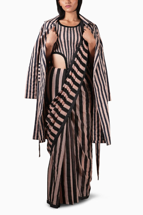 Pink With Charcoal Block Printed Smocked Bodysuit with Saree and Trench Jacket Set