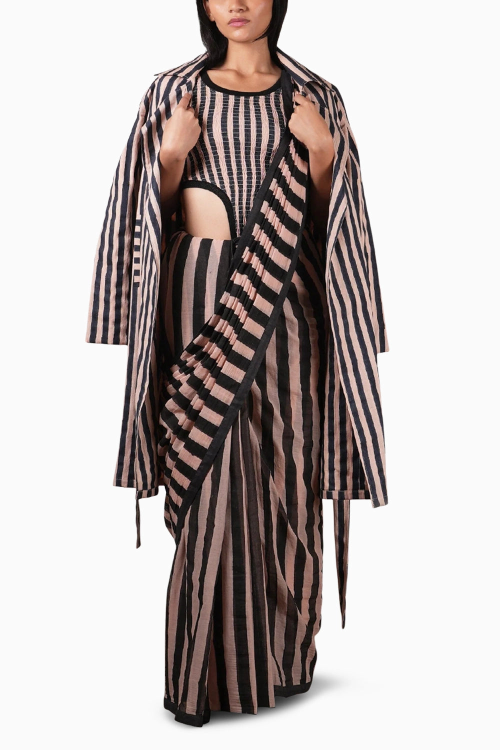 Pink With Charcoal Block Printed Smocked Bodysuit with Saree and Trench Jacket Set