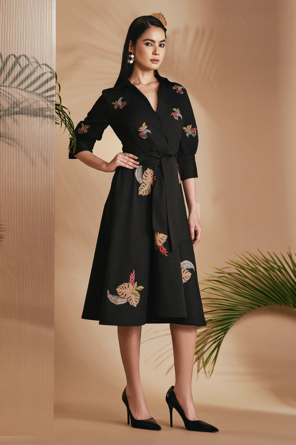 Black Tropical A-Line Flare Dress