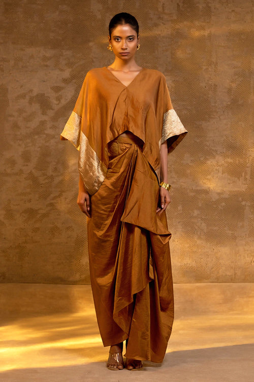 Agneya Dark Amber Silk Draped Skirt Set