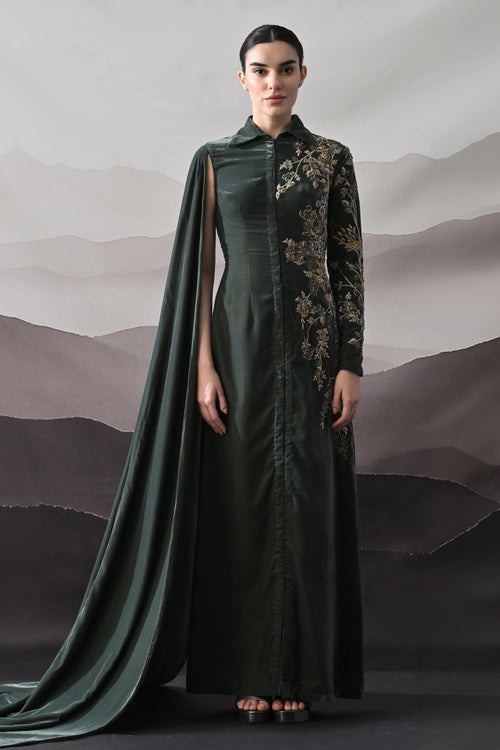 Deep Green Drape Gown With Asymmetrical Embroidery