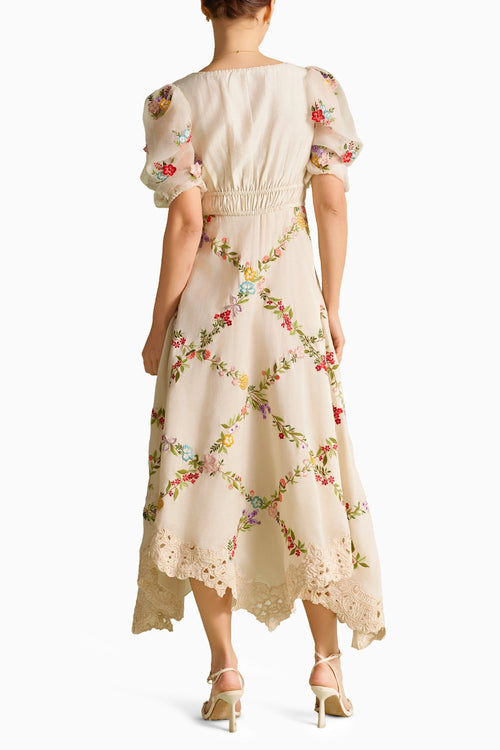 Ivory Floral Vines Embroidered Ruched Dress
