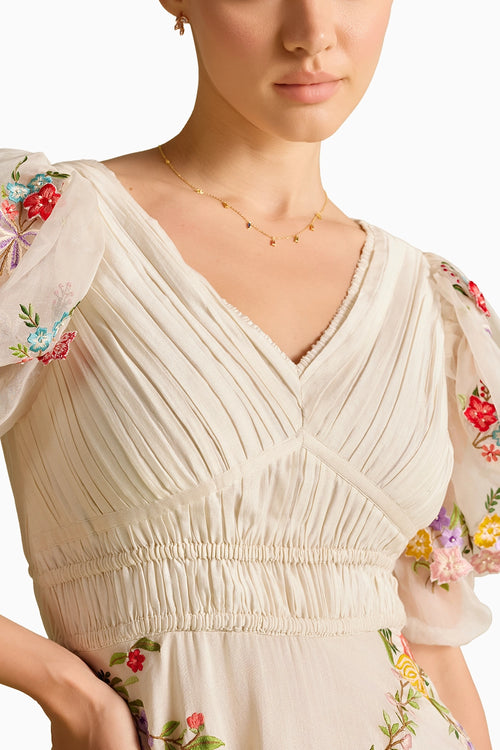 Ivory Floral Vines Embroidered Ruched Dress