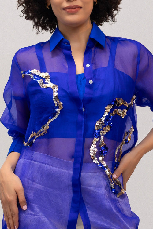 Eeda Blue Silk Organza Sequins Shirt