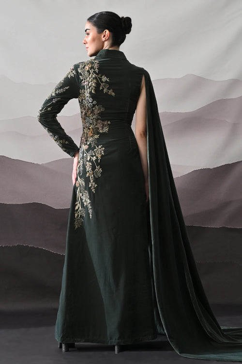 Deep Green Drape Gown With Asymmetrical Embroidery
