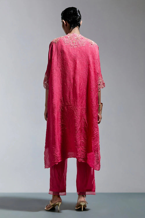 Raspberry Floral Threadwork Silk Kurta Set