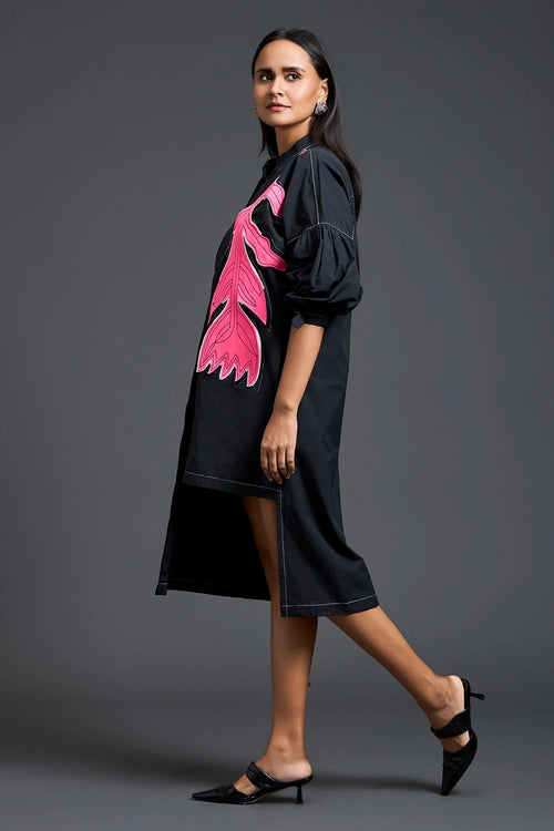 Black Oversized Floral Patch Shirt Dress