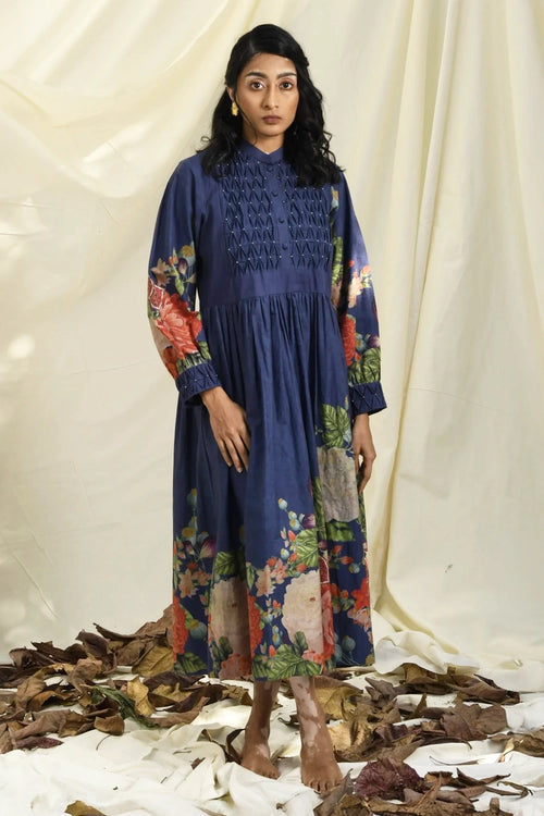 Blue & Green Poppy Bloom All Over Print Dress