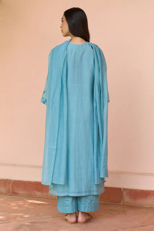 Powder Blue Embroidered Cotton Kurta Set