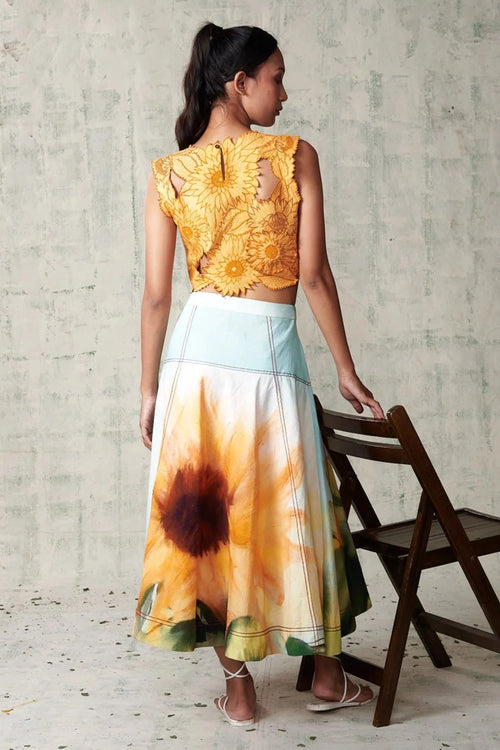 Sunflower Embroidered Top With Printed Skirt