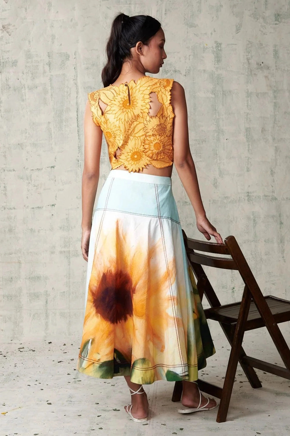 Sunflower Embroidered Top With Printed Skirt