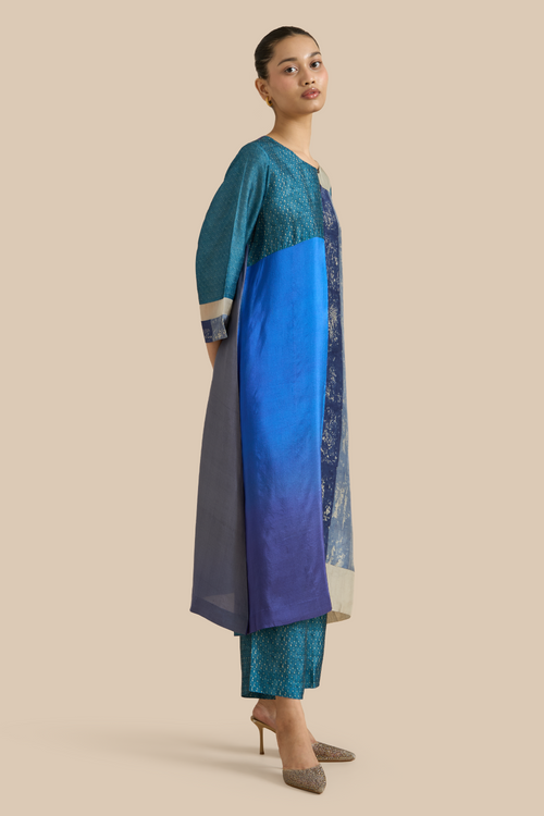 Firozi Grey Color Block Kurta Set