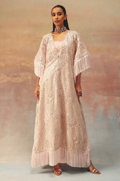 Blush Pink Tassle Kaftan with Bandeau and Ankle Length Pants