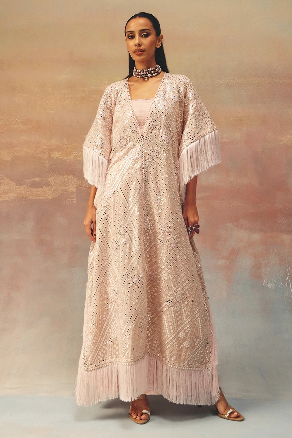 Blush Pink Tassle Kaftan with Bandeau and Ankle Length Pants