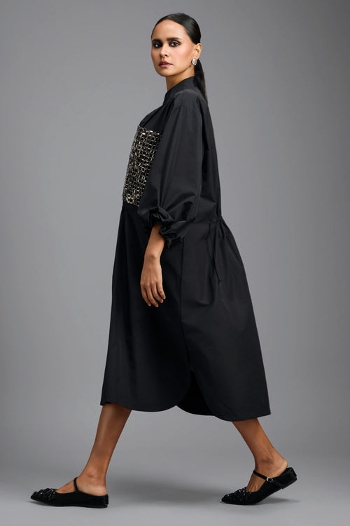 Black Metallic Panel Midi Dress