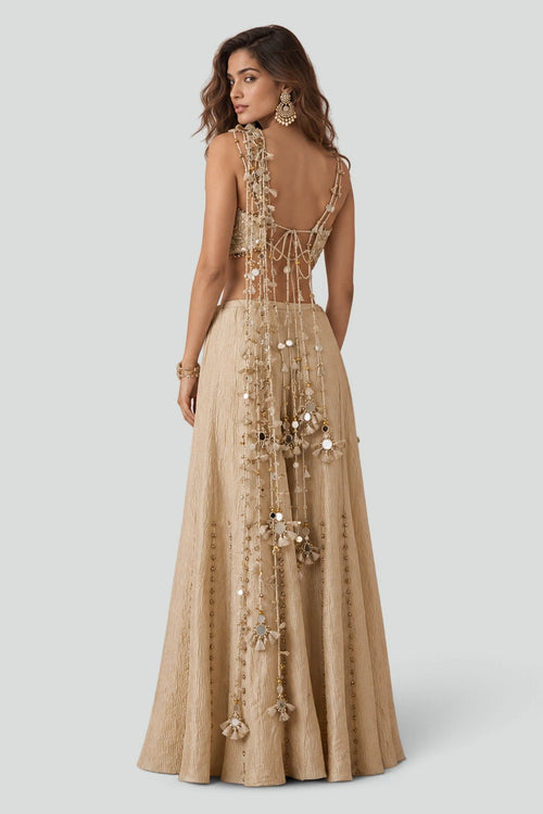 Off-White Organza Choli And Gold Sharara With Attached Dori Tassels