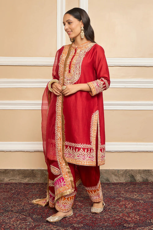 Afsaana Deep Red Straight Kurta with Salwar and Dupatta