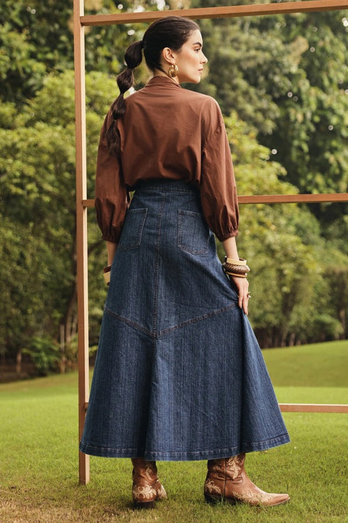 Greta Necktie Shirt with Denim Skirt