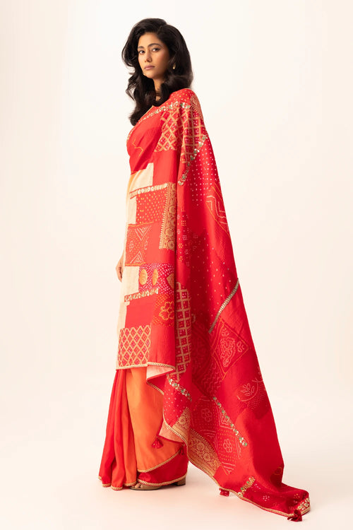 Red Bandhani Patchwork Saree