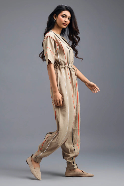Beige Zip-Front Jumpsuit