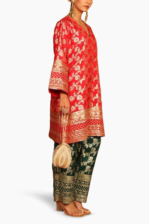 Red Dark Green Banarasi Begum Tunic Set