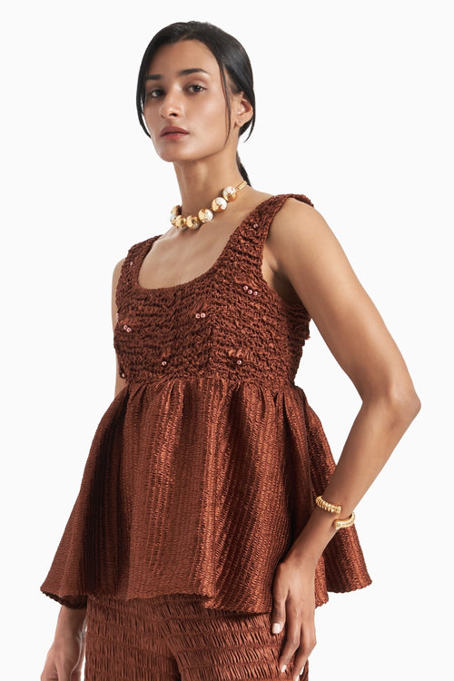 Brown Babydoll Smocked Top