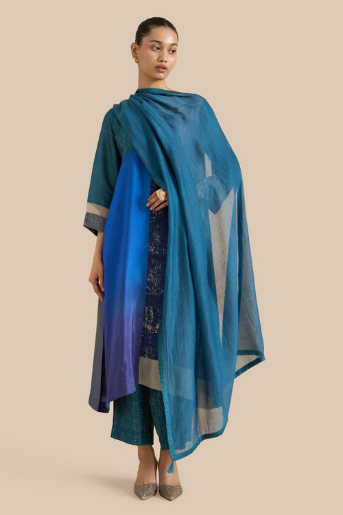 Firozi Grey Color Block Kurta Set