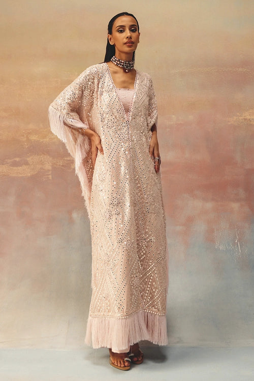 Blush Pink Tassle Kaftan with Bandeau and Ankle Length Pants