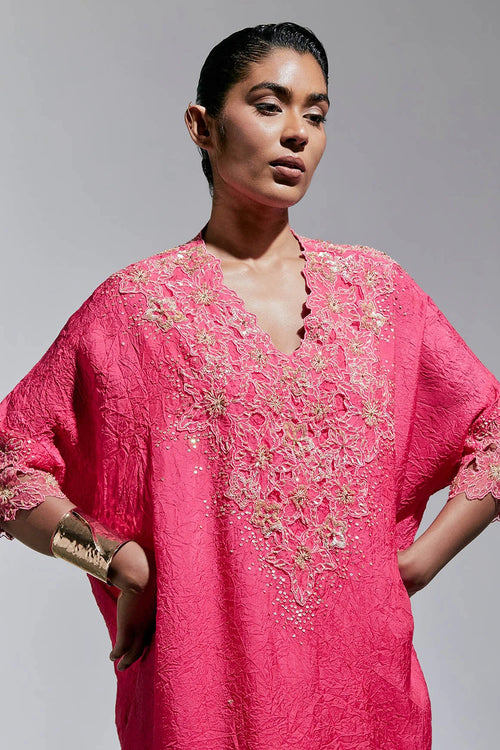 Raspberry Floral Threadwork Silk Kurta Set