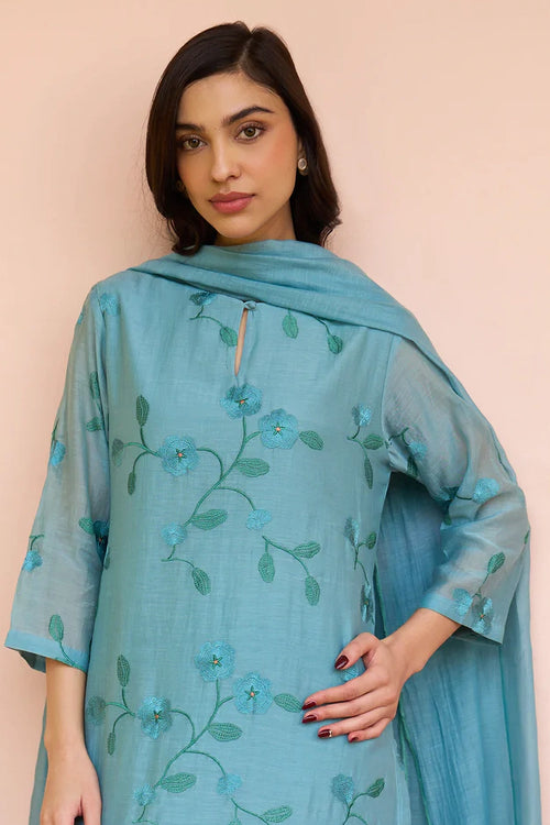 Powder Blue Embroidered Cotton Kurta Set