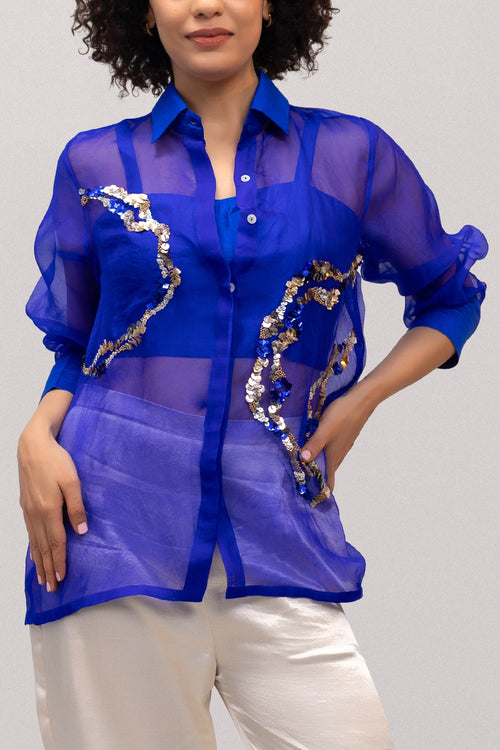 Eeda Blue Silk Organza Sequins Shirt