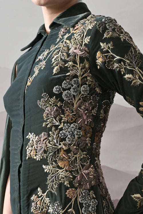 Deep Green Drape Gown With Asymmetrical Embroidery