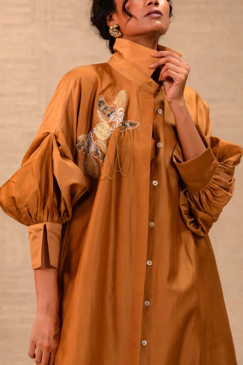 Tinka Camel Silk Chanderi Long Kaftan Set