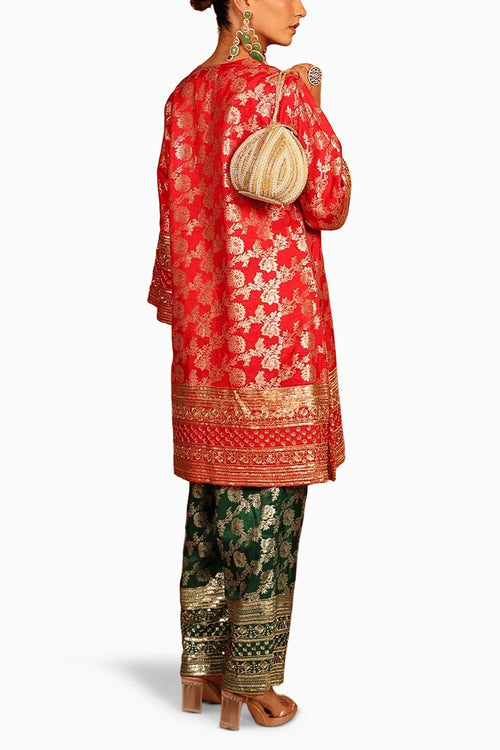 Red Dark Green Banarasi Begum Tunic Set