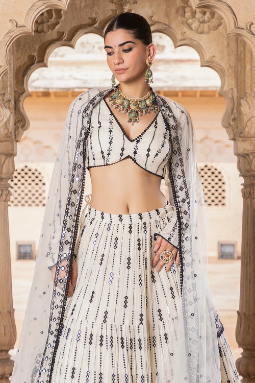 Black and White 2D-3D Lehenga with Embroidered Dupatta