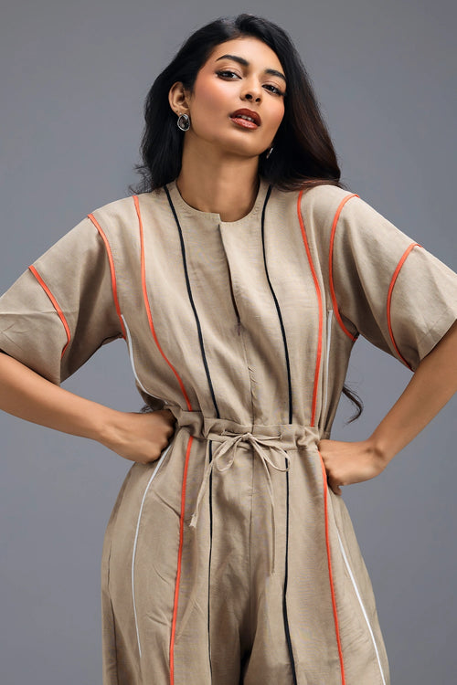 Beige Zip-Front Jumpsuit