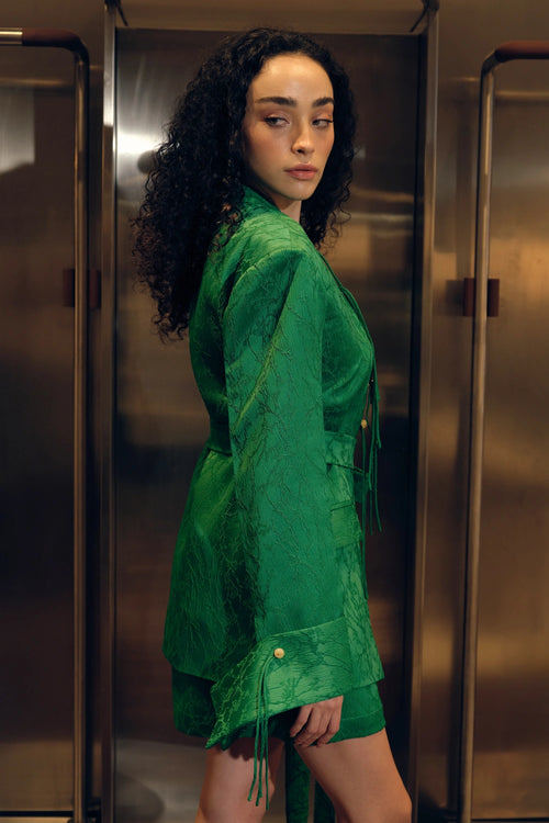 Emerald Green Jacquard Belted Jacket & Mini Skirt Set