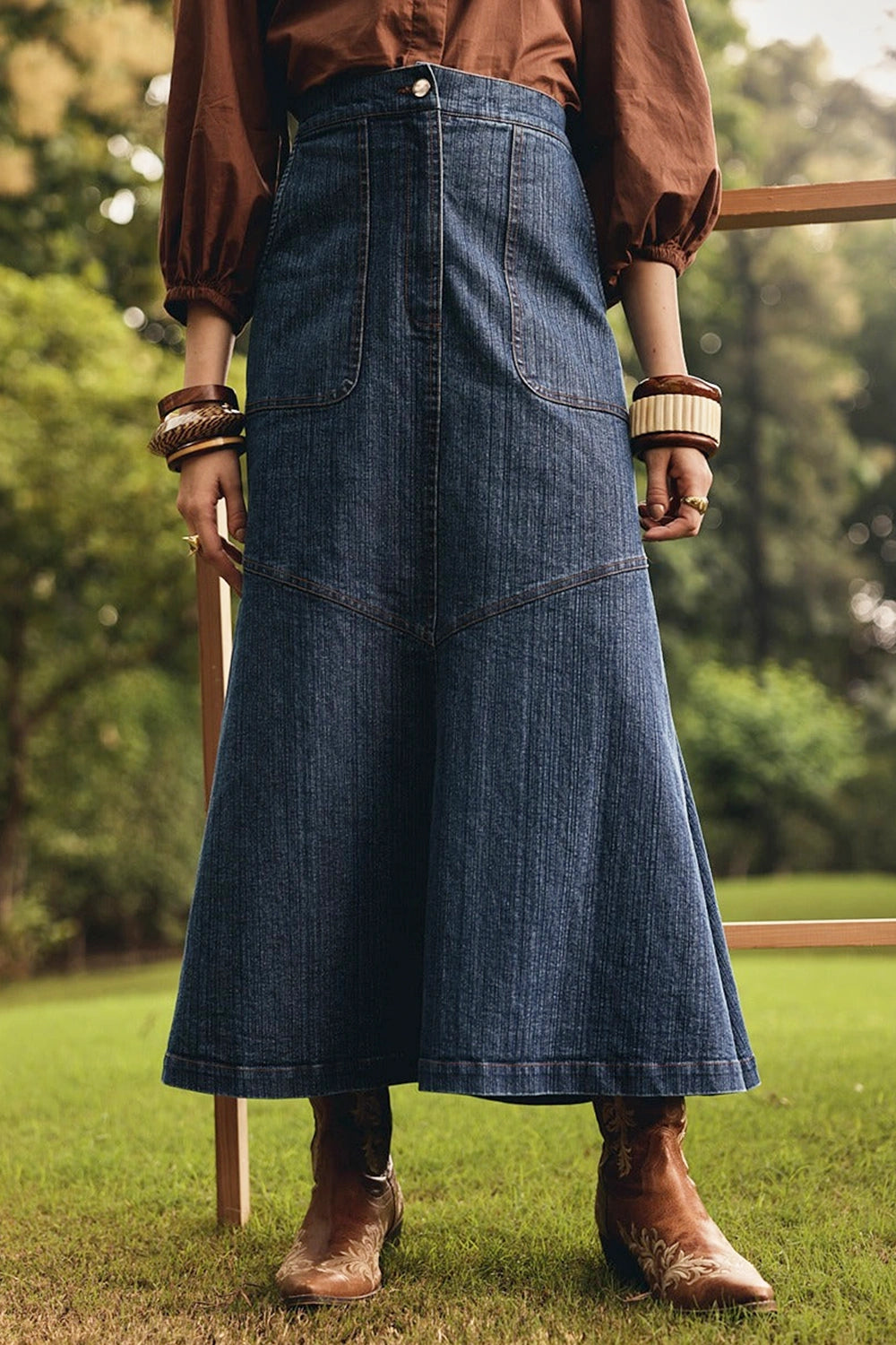 Greta Necktie Shirt with Denim Skirt