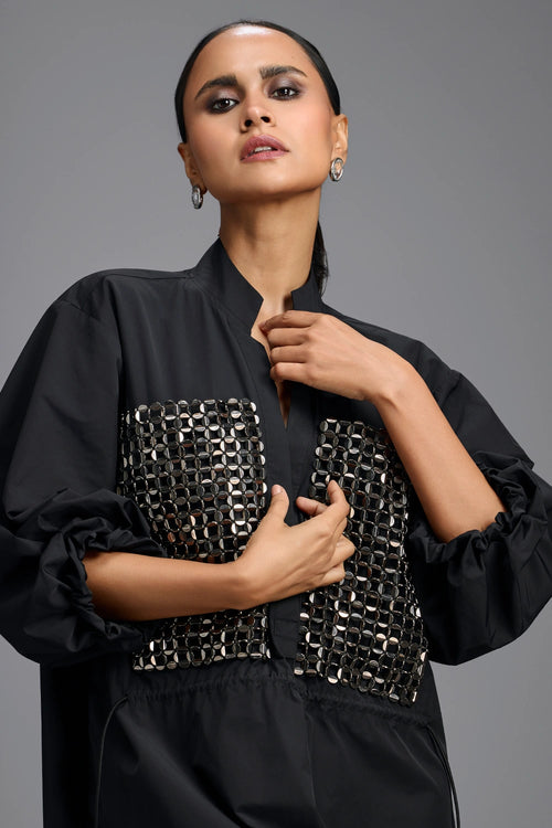 Black Metallic Panel Midi Dress