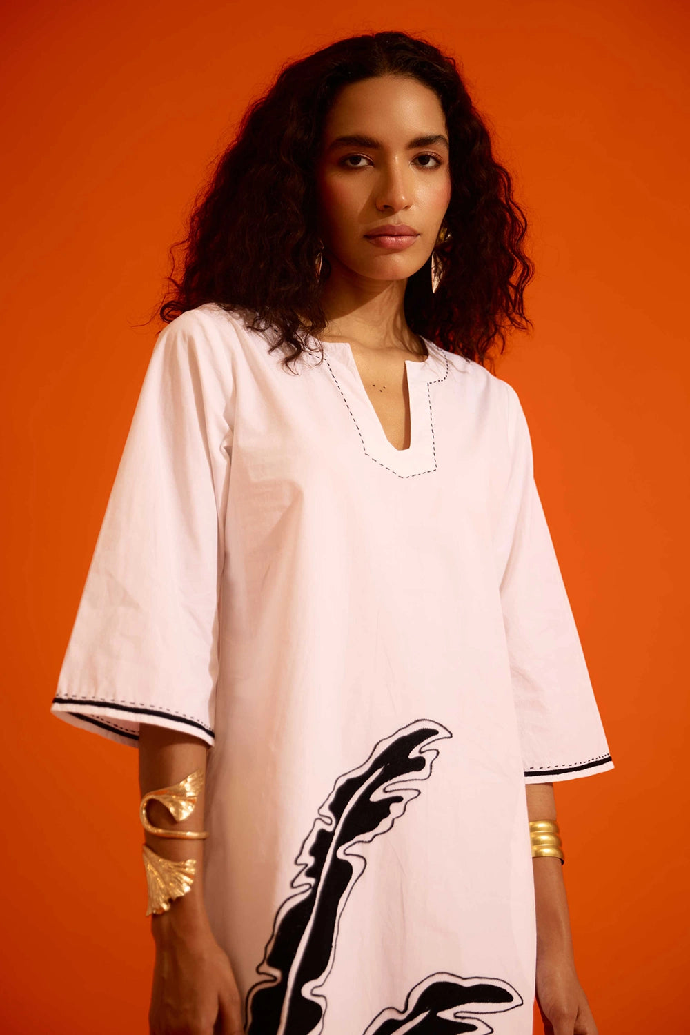 Ivory Leaf Motif Embroidered Dress