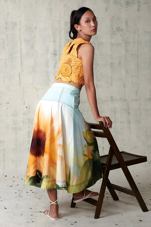 Sunflower Embroidered Top With Printed Skirt