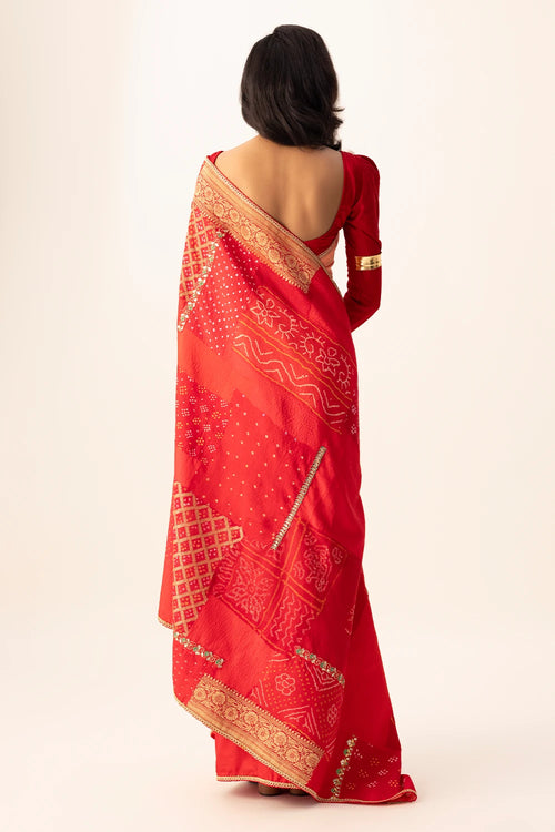 Red Bandhani Patchwork Saree