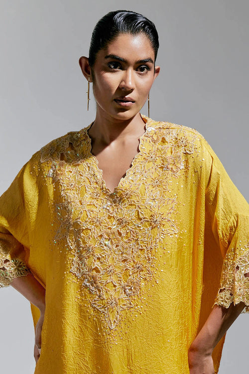 Amber Floral Threadwork Silk Kaftan Set