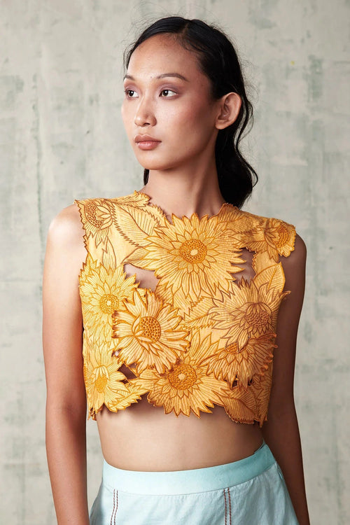 Sunflower Embroidered Top With Printed Skirt
