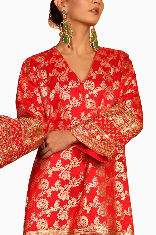 Red Dark Green Banarasi Begum Tunic Set